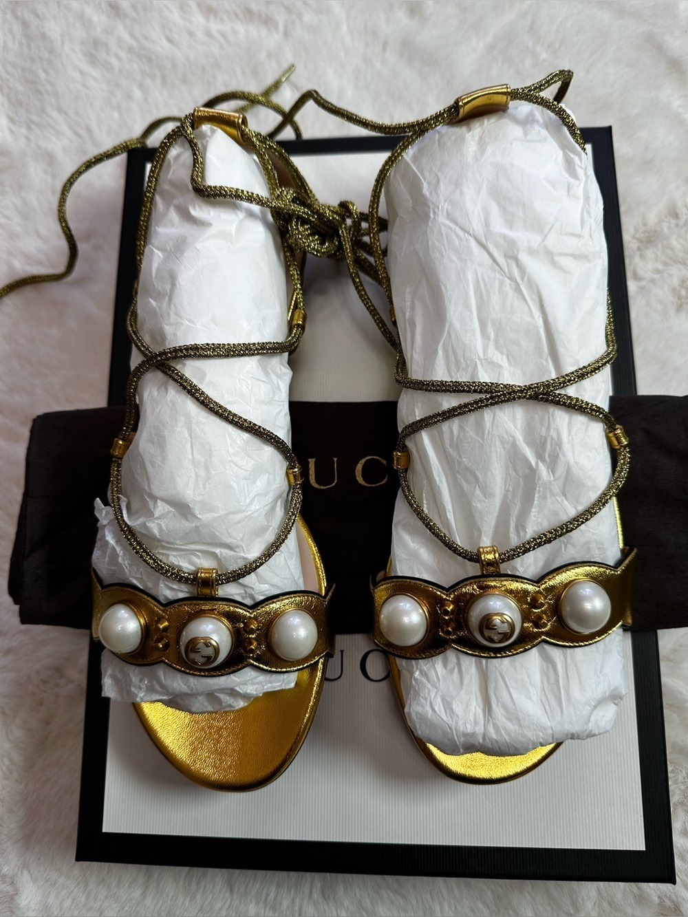 Gucci Metallic Gold Lace-Up Sandals - Picture 14 of 16